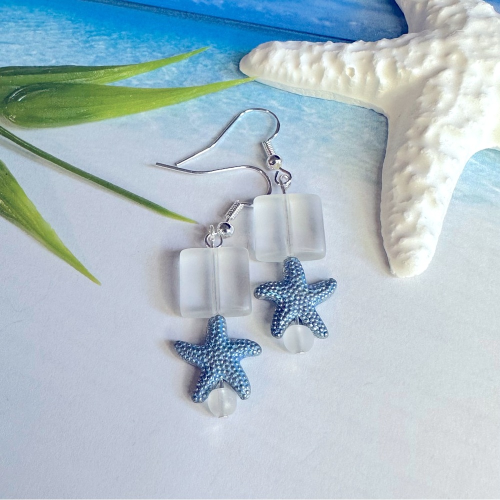 3/$25 Aqua Blue Starfish Silver Earrings